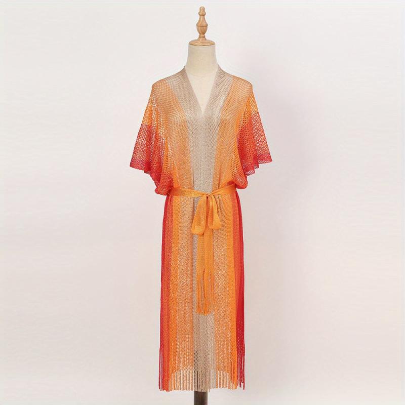 Sexy Hollow Out Shawl Long Tassel Gradient Bikini Cover Up Lace Up