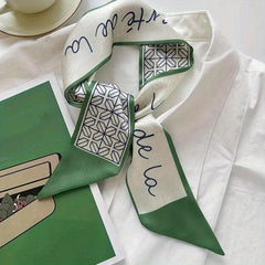 Green Printed Twilly Scarf Long Ribbon Skinny Scarf Neck Tie Women Hair Ribbon