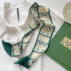 Green Printed Twilly Scarf Long Ribbon Skinny Scarf Neck Tie Women Hair Ribbon