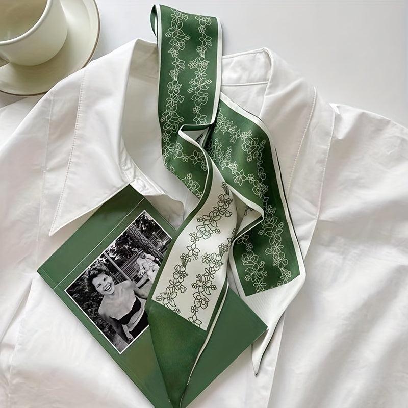Green Printed Twilly Scarf Long Ribbon Skinny Scarf Neck Tie Women Hair Ribbon