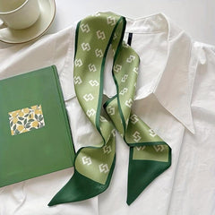 Green Printed Twilly Scarf Long Ribbon Skinny Scarf Neck Tie Women Hair Ribbon
