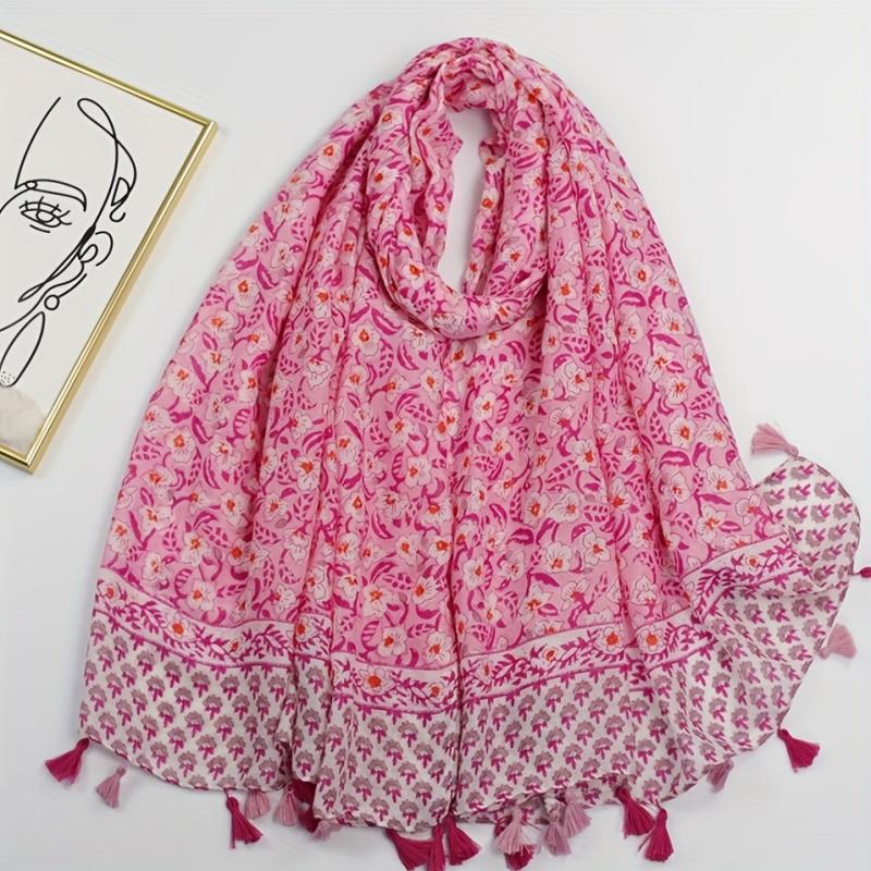 Boho Green Floral Tassel Scarf Shawl for Women