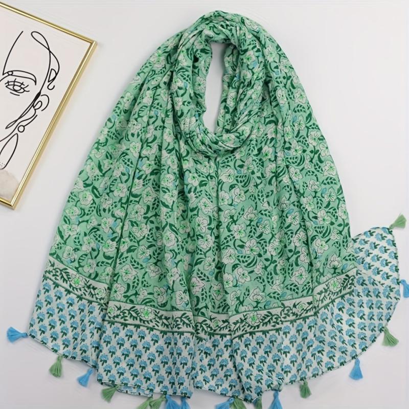 Boho Green Floral Tassel Scarf Shawl for Women