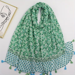 Boho Green Floral Tassel Scarf Shawl for Women