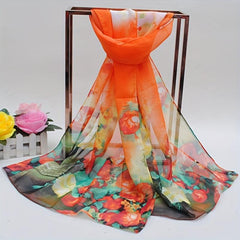 Iridescent Gradient Chiffon Scarf Tie Dye Flower Print Gauze Shawl
