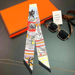 Colorful Graffiti Print Skinny Scarf Long Ribbon Neckerchief Satin