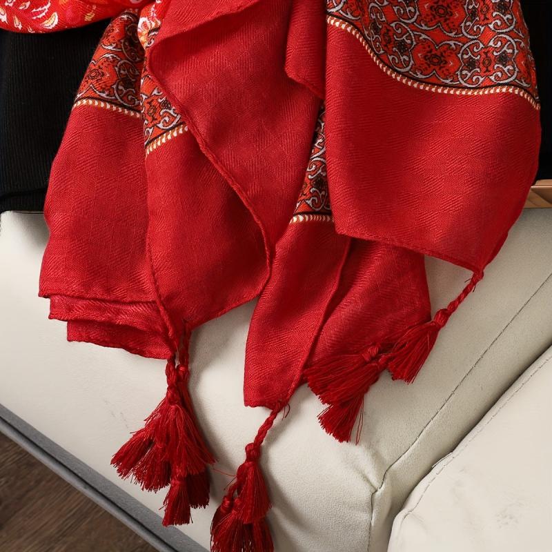 Red Boho Tassel Scarf Vintage Flower Print Shawl Classic Windproof Head Wraps