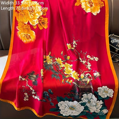 Vintage Peony Flower Print Scarf Classic Silk Shawl Women Head Wrap Satin Sunscr