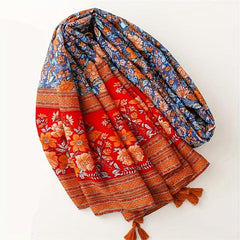 Boho Flower Print Tassel Scarf Red Block Shawl Hijab