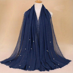 Solid Hijab Faux Pearl Decor Scarf Frayed Edge Shawl