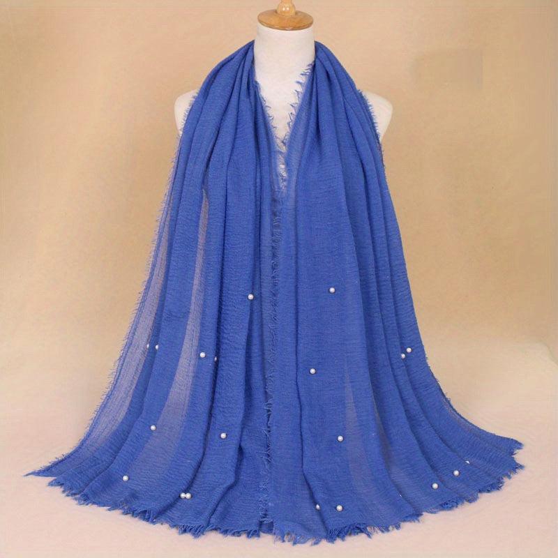 Solid Hijab Faux Pearl Decor Scarf Frayed Edge Shawl