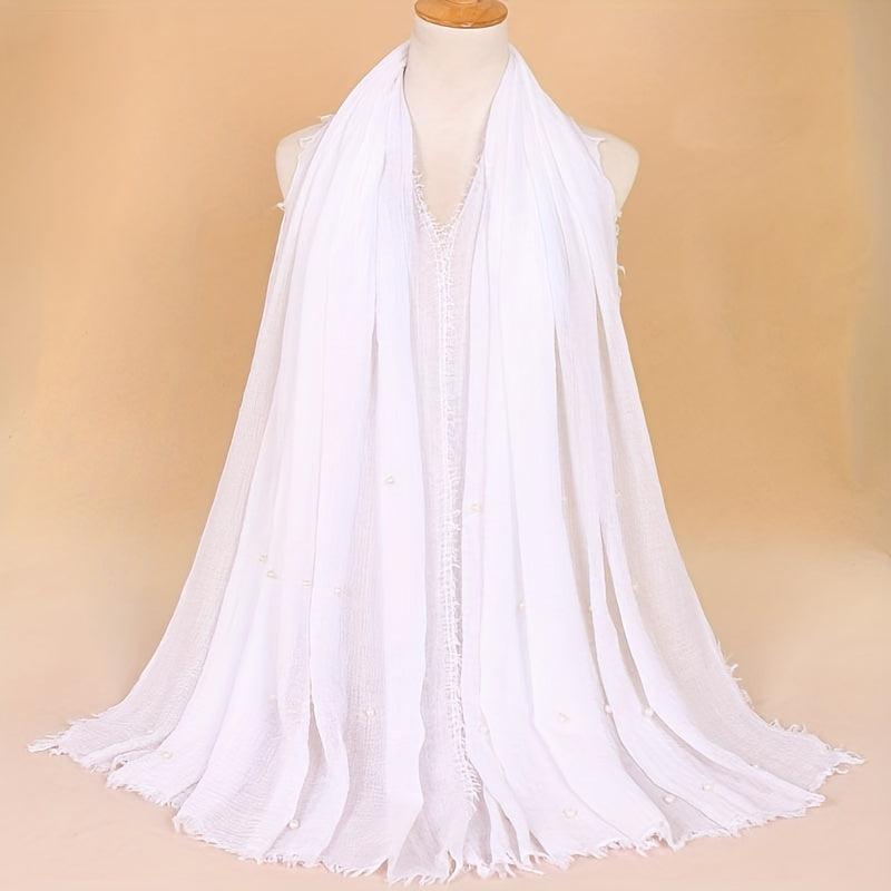 Solid Hijab Faux Pearl Decor Scarf Frayed Edge Shawl