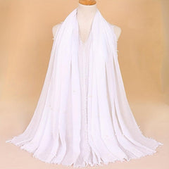 Solid Hijab Faux Pearl Decor Scarf Frayed Edge Shawl
