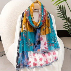 Plum Flower Print Lace Trim Scarf Block Shawl Wrap
