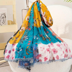 Plum Flower Print Lace Trim Scarf Block Shawl Wrap