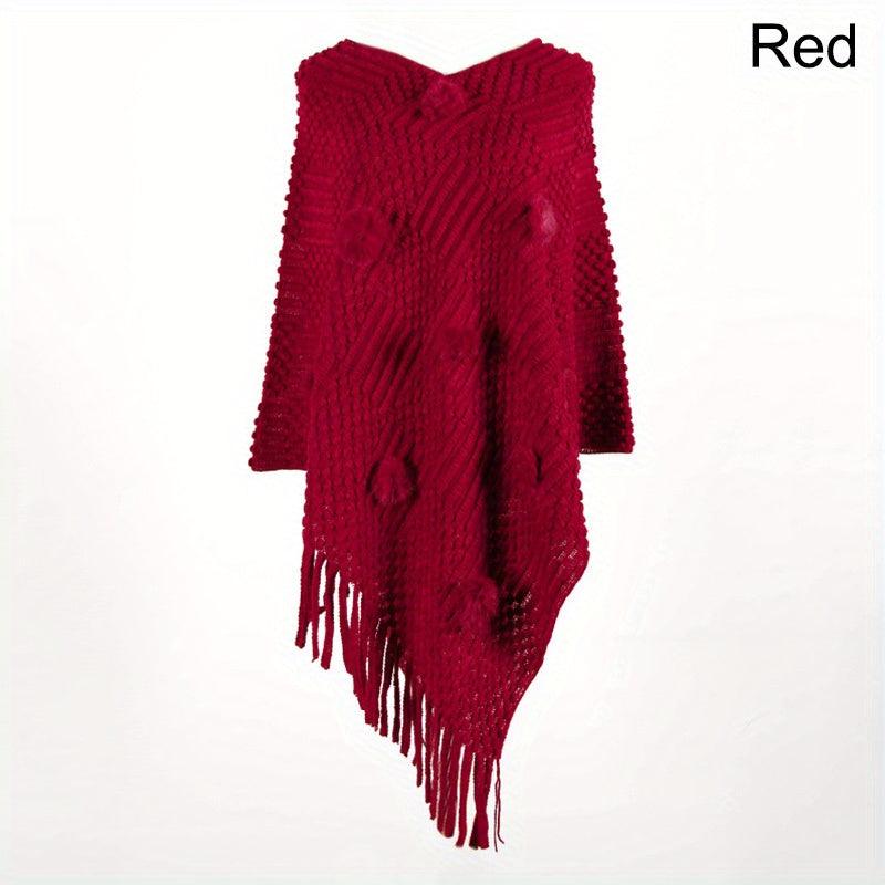 Rabbit Fur Ball Knit Shawl Cashmere Fringed Wrap for Winter