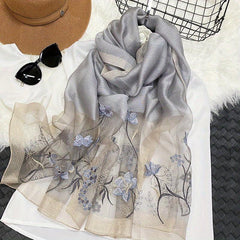 Silk Blend Scarf Flower Embroidery Shawl Breathable Windproof