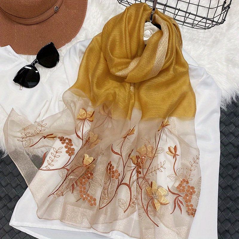 Silk Blend Scarf Flower Embroidery Shawl Breathable Windproof