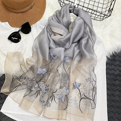 Silk Blend Scarf Flower Embroidery Shawl Breathable Windproof