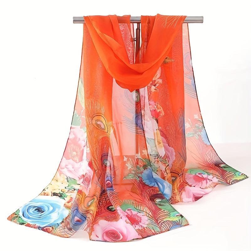Colorful Peacock Print Thin Scarf Chiffon Sunscreen Shawl Women Outdoor Travel