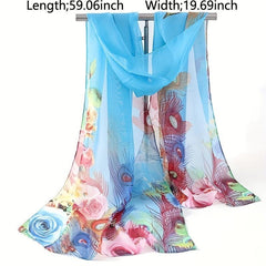 Colorful Peacock Print Thin Scarf Chiffon Sunscreen Shawl Women Outdoor Travel