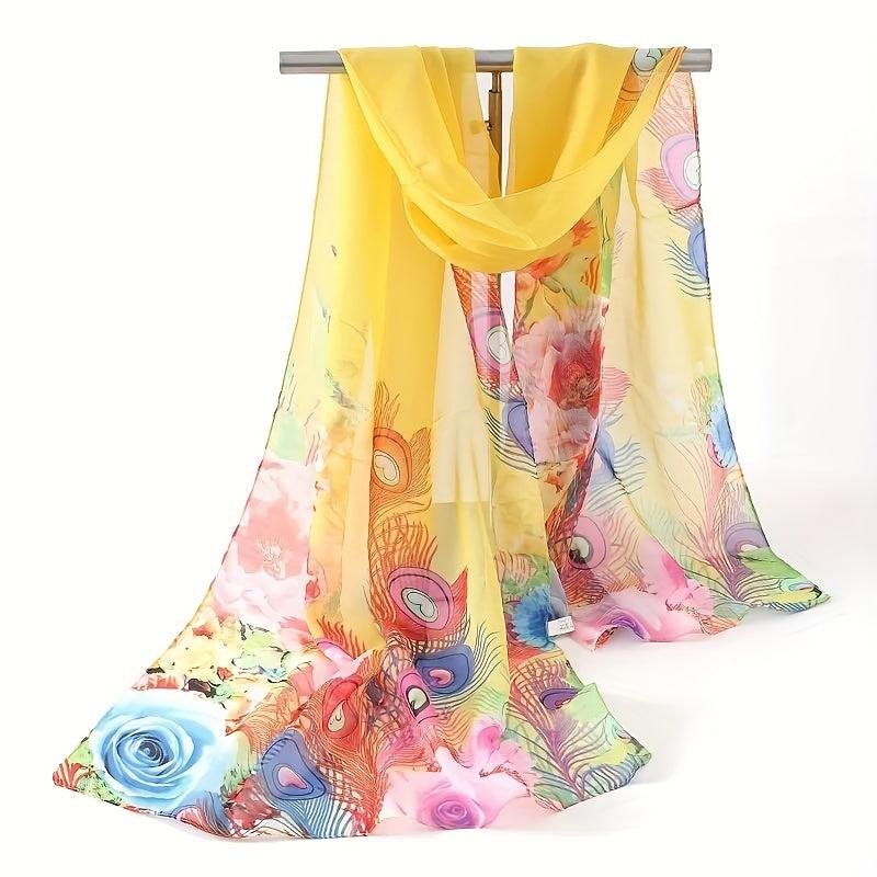 Colorful Peacock Print Thin Scarf Chiffon Sunscreen Shawl Women Outdoor Travel