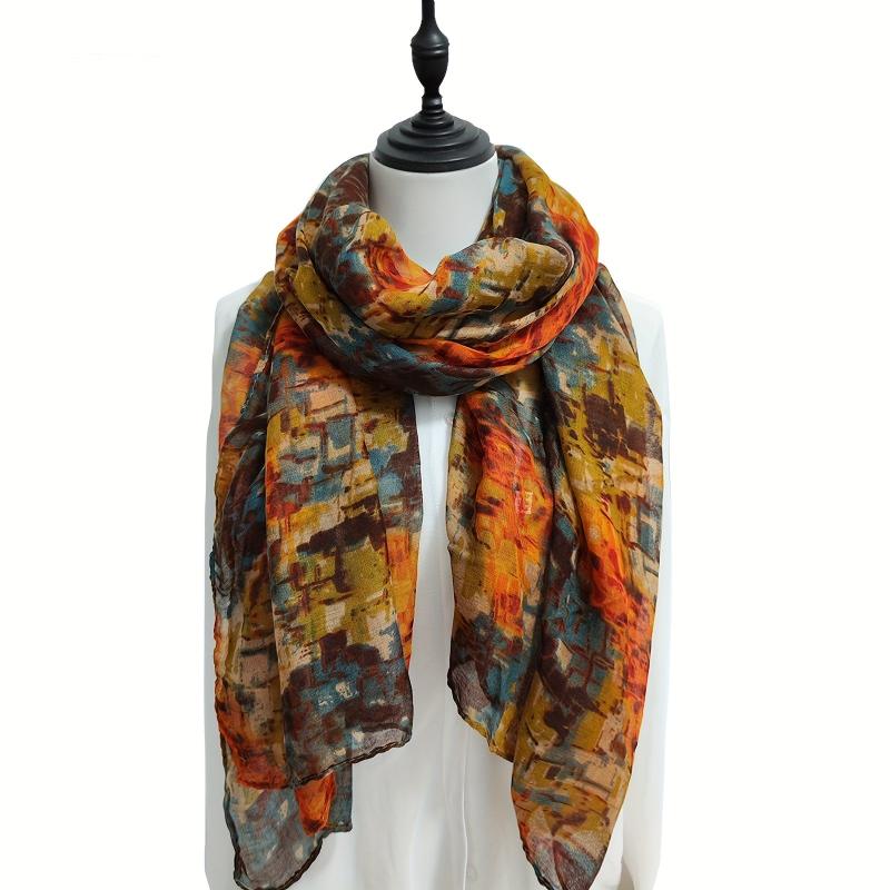 Boho Brown Warm Scarf Graffiti Print Vintage Block Shawl