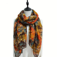 Boho Brown Warm Scarf Graffiti Print Vintage Block Shawl