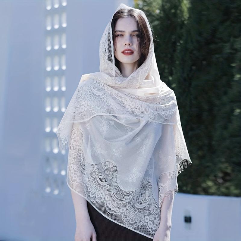 Large Jacquard Flower Lace Shawl - Elegant Hollow Cape for Party or Wedding