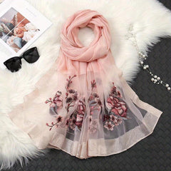 Vintage Flower Embroidery Scarf Silk Blend Shawl Head Wrap