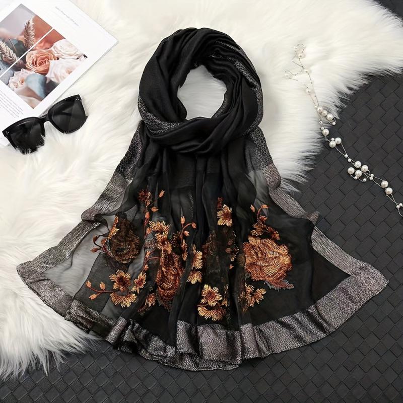 Vintage Flower Embroidery Scarf Silk Blend Shawl Head Wrap