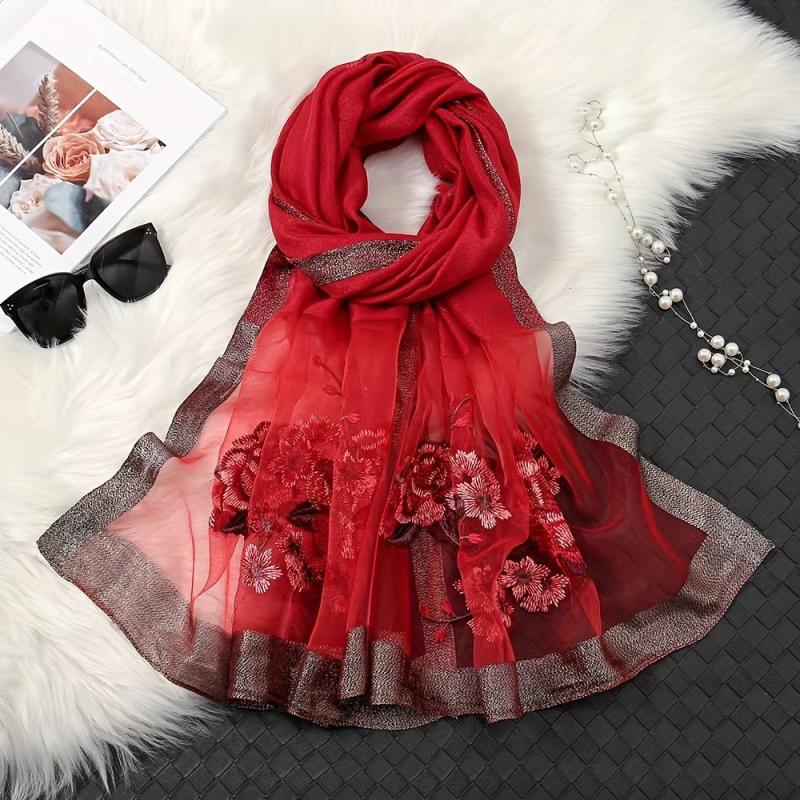 Vintage Flower Embroidery Scarf Silk Blend Shawl Head Wrap