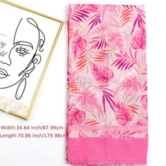 Leaf Print Raw Trim Scarf Shawl - Head Wrap Casual Decoration Gift