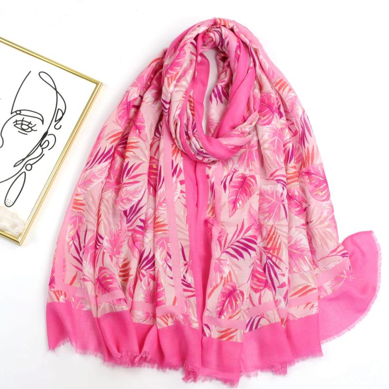 Leaf Print Raw Trim Scarf Shawl - Head Wrap Casual Decoration Gift