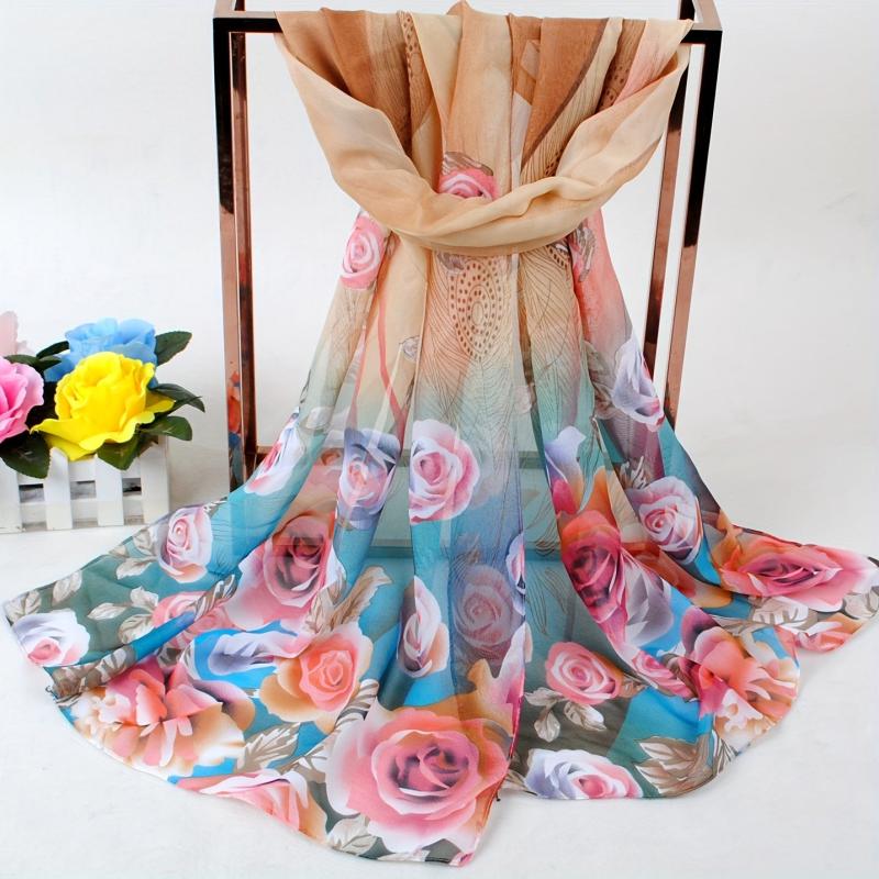 Peacock Feather Rose Print Chiffon Hijab Scarf