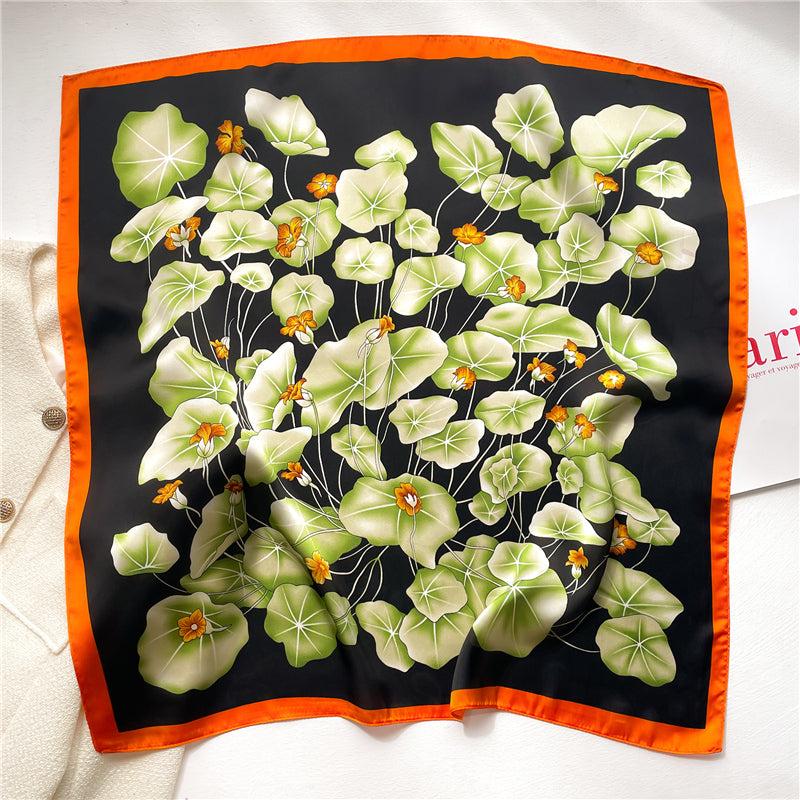 Chinese Style Print Silk Scarf - Lotus Pattern Square Scarf for Women