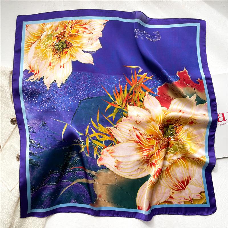 Chinese Style Print Silk Scarf - Lotus Pattern Square Scarf for Women