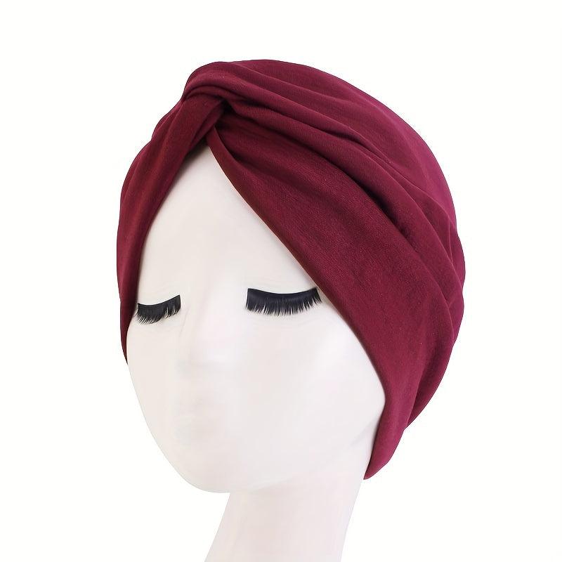 Wine Red Cross Knotted Bandana Women Turban Cap Ramadan Headwrap