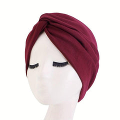 Wine Red Cross Knotted Bandana Women Turban Cap Ramadan Headwrap