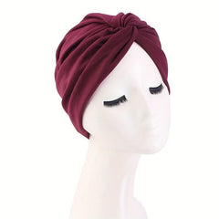 Wine Red Cross Knotted Bandana Women Turban Cap Ramadan Headwrap