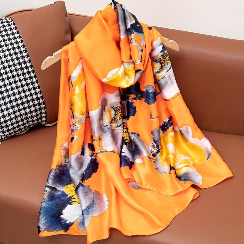 Vintage Peony Flower Print Scarf Satin Shawl Silk Windproof Head Wrap Turban