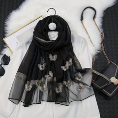 Butterfly Embroidery Scarf Thin Shawl Women Solid Sunscreen Headwrap