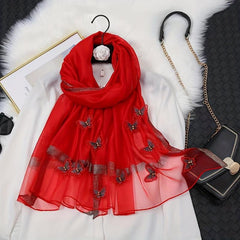 Butterfly Embroidery Scarf Thin Shawl Women Solid Sunscreen Headwrap