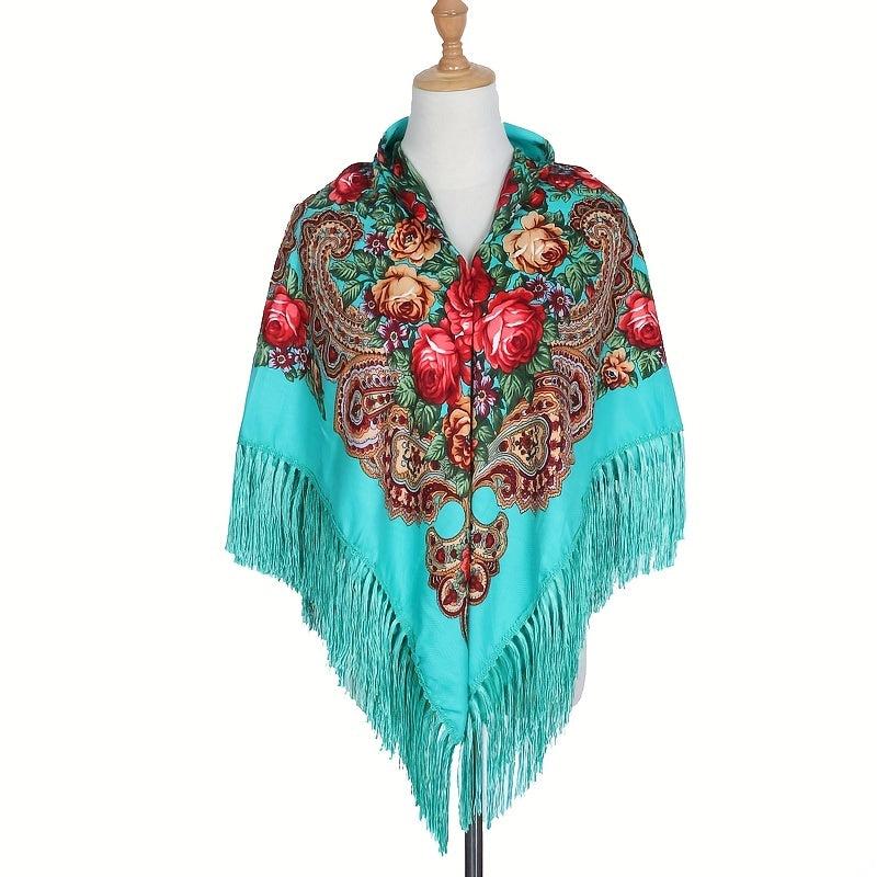 Boho Square Scarf Tassel Flower Print Shawl Vintage Cape Women's Cardigan