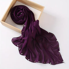 Chiffon Scarf Faux Pearl Rhinestone Hijab Solid Shawl Head Wrap Bandana