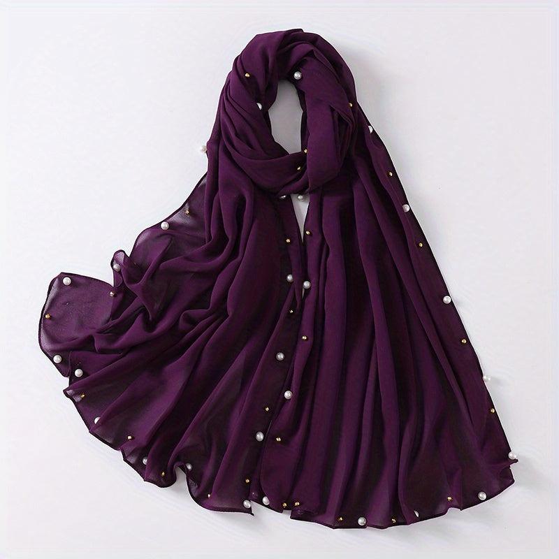 Chiffon Scarf Faux Pearl Rhinestone Hijab Solid Shawl Head Wrap Bandana