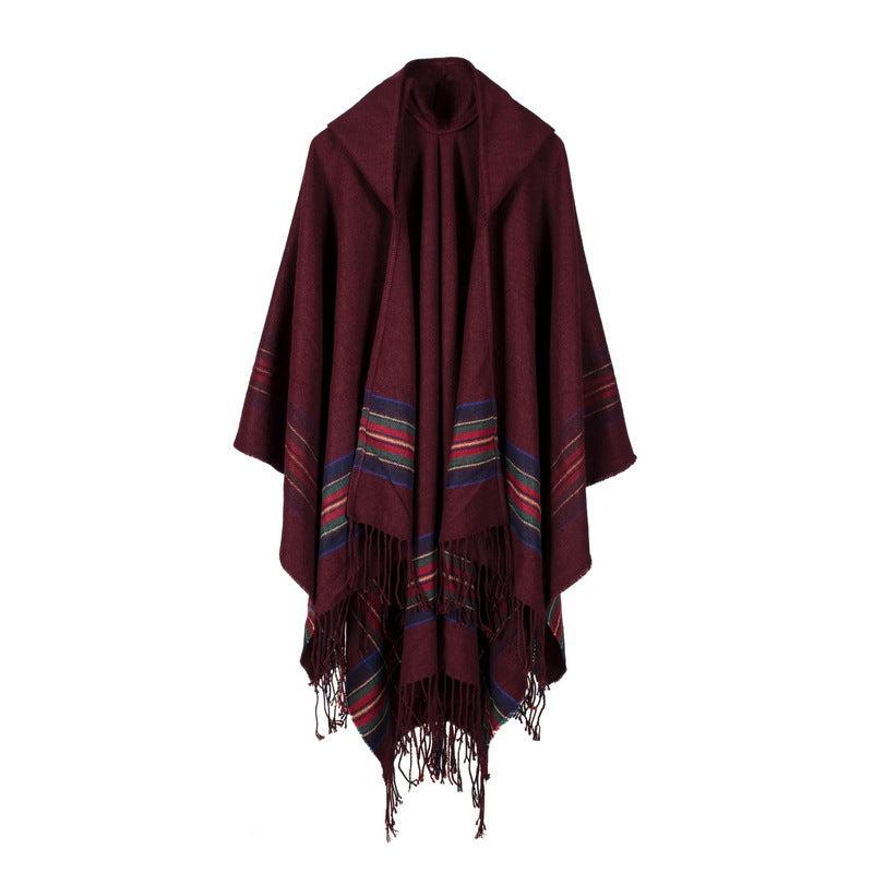 Vintage Jacquard Shawl Hooded Cloak Tassel Cape Womens Wrap Cardigan