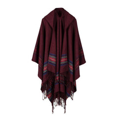 Vintage Jacquard Shawl Hooded Cloak Tassel Cape Womens Wrap Cardigan