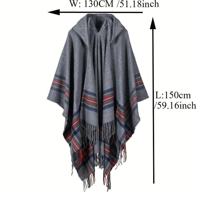 Vintage Jacquard Shawl Hooded Cloak Tassel Cape Womens Wrap Cardigan
