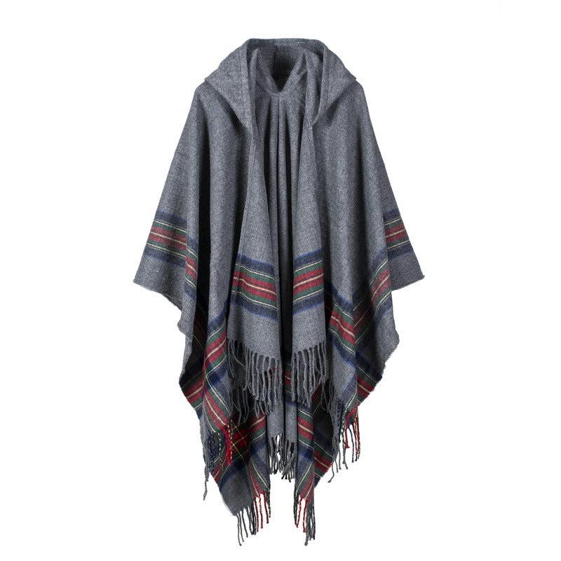 Vintage Jacquard Shawl Hooded Cloak Tassel Cape Womens Wrap Cardigan